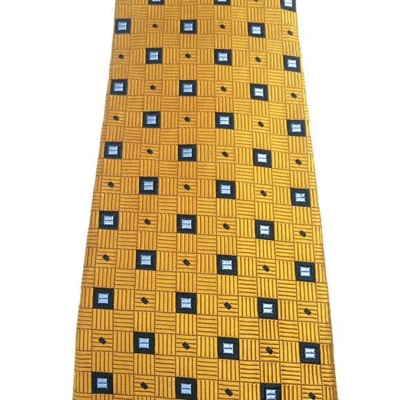 Robert Talbott Men's Silk Necktie Best of Class Gold Blue Squares Geometric USA - Picture 9 of 11
